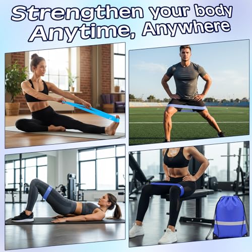 120 Pcs Workout Loop Resistance Bands Bulk, Gym Elastic Bands Set for Fitness Sport Class Students Members Gift Physical, 5 Pieces Each Set, with Large Drawstring Backpack Bags - color: Blue