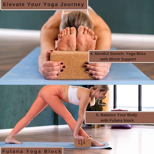"FULANA Natural Cork Yoga Blocks (2-Pack) - High Density, Non-Slip Surface, Eco-Friendly (Women)(men) Yoga Accessories - 9x6x3 inches - Ideal Support for Yoga, Pilates, Stretching"