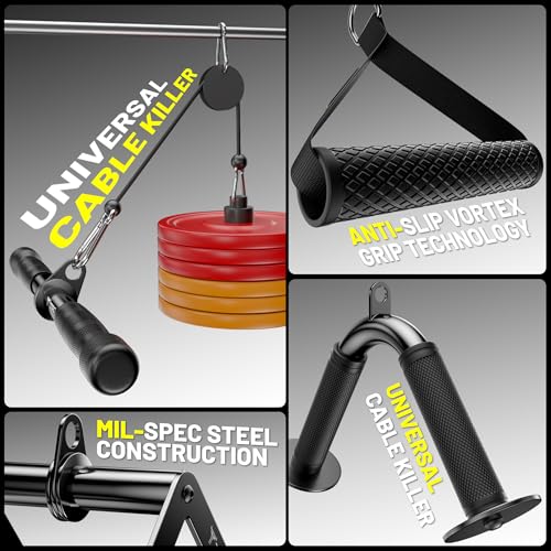 Cable Attachments for Gym, LAT Pulldown & Cable Machine Attachment Set: V-Shaped Bar, Rotating Straight Bar, V Rotation Handle, Nylon Tricep Rope, Ankle Straps & Handles, Home Gym