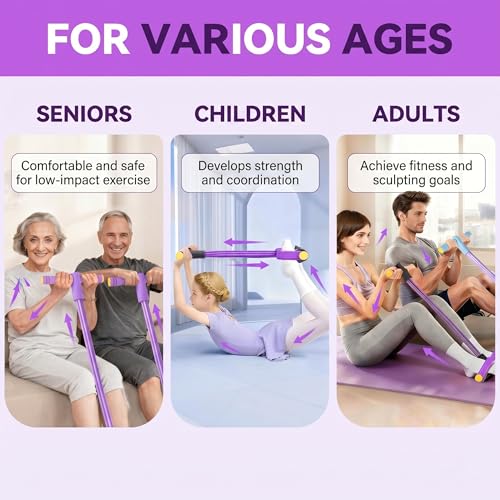 Pedal Resistance Bands with Handles, 6-Tube Sit Up Pull Rope Resistance Trainer, Natural Latex Foot Pedal Exercise Bands for Full Body Workout, Home Fitness Training, Waist, Arms & Legs (Purple)