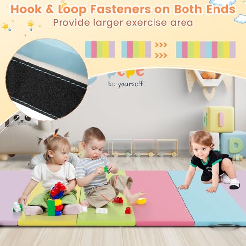 GYMAX Gymnastics Mat, 5-Panel Folding Tumbling Mat with Carrying Handles, 4-Side Hook & Loop Fasteners, Waterproof PU Cover, Exercise Mat for Home, Gym, Yoga, Stretching - color: Pastel