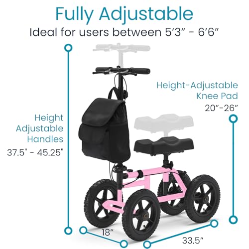 Vive Mobility All Terrain Knee Scooter Walker for Foot Injuries - Adult Broken Leg Crutch Cart Roller for Surgery, Broken Foot, Ankle Injury - Kneeling Rolling Steerable Seated Wheel Scooter Aid - color: Pink