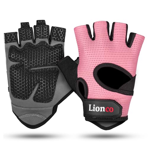 LIONCO Workout Gloves for Men Women,Weight Lifting Gloves with Breathable Gel Padded Excellent Grip for Gym Exercise,Cycling,Weightlifting,Fitness Training,Pull Ups and Climbing and Rowing - color: PINK, size: Large