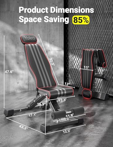 YOLEO Adjustable 660LBS Weight Bench, Foldable Workout Bench with Extended Head/Neck Protection/Spine Support for Bench Press, Fast Folding Design(Gym Mat+660LBS Weight Bench）