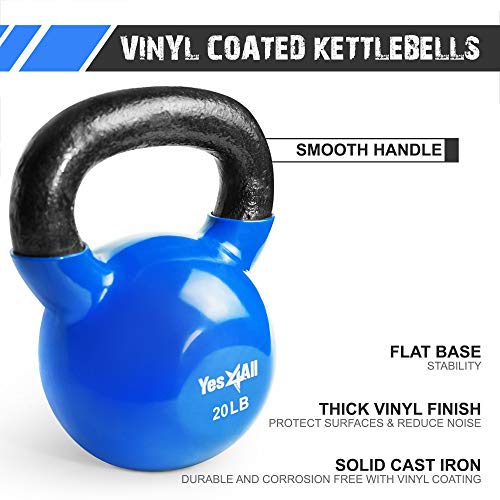 Yes4All Kettlebell, Vinyl Coated Kettlebell Cast Iron Sets with Stable Flat Bottom for Full Body Workout, Push up, Grip Strength Training & Weights Exercises - color: Blue, style: 15 - 20lb