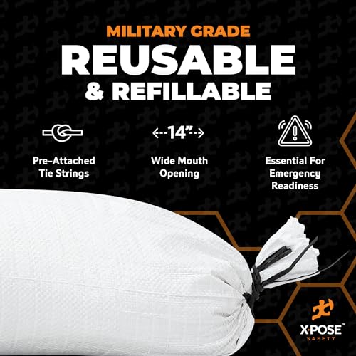 Xpose Safety Heavy Duty Sand Bags with Tie Strings – Empty Woven Polypropylene Sandbags for Hurricane Flood Protection, 50 lb Capacity, 14" x 26", White, Pack of 10 - color: White, size: 10 Sandbags