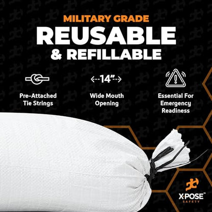Xpose Safety Heavy Duty Sand Bags with Tie Strings – Empty Woven Polypropylene Sandbags for Hurricane Flood Protection, 50 lb Capacity, 14" x 26", White, Pack of 10 - color: White, size: 10 Sandbags