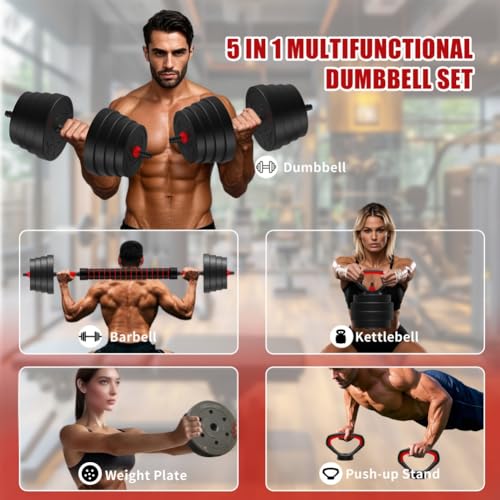 Adjustable Dumbbells,4 in 1 Dumbbells Set Used as Barbell, Kettlebells, Push up Stand, Weight Plate, Fitness Exercises for Home Gym - color: Black+75LBS