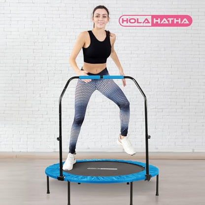 Foldable Mini Trampoline Home Gym Fitness Rebounder with 5 Level Adjustable Handle, Supportive 440 lb Capacity Workout Equipment, 40", Blue