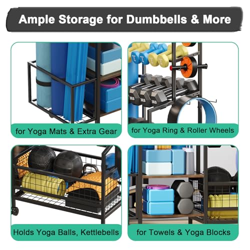 3-Tier Dumbbell Rack Stand Only - Adjustable Weight Rack for Home Gym, Heavy-Duty Weight Stand With Hooks for Dumbbells Kettlebells Foam Roller Yoga Mats Workout Equipment Storage Organizer