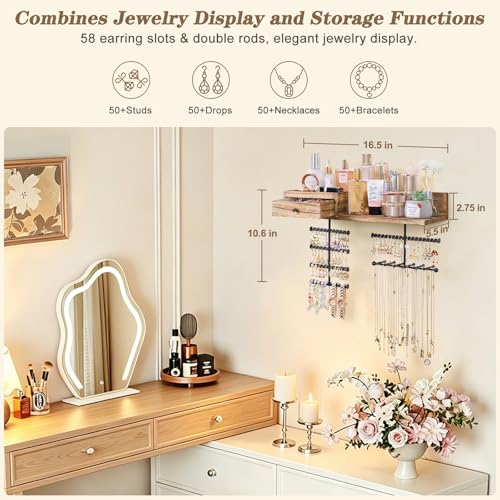 Jewelry Organizer Hanging Wall Mounted Jewelry Holder with Rustic Wood Drawer & Large Capacity Storage Shelf Rack Display for Earrings Rings Necklaces Bracelet - color: Carbonized Black