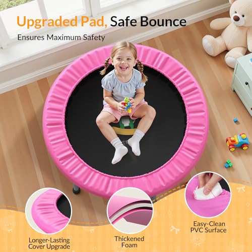 BCAN SP1 36'' Toddler Trampoline, ASTM Certified - Kids Trampoline for Ages 1-6, Foam Handle & Safe Thickened Cover, Mini Trampolines for Kids Indoor, Easy to Assemble| FED Fitness - color: Pink
