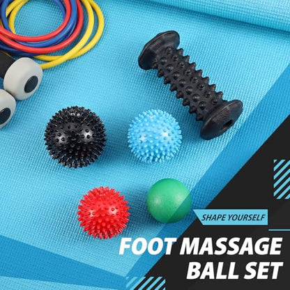 5 Pcs Massage Ball and Foot Roller Set, 3-in-1 Set with Spiky Ball Lacrosse Balls Massage Roller Carrying Bag, Foot Massager for Plantar Fasciitis Relief Muscle Pain