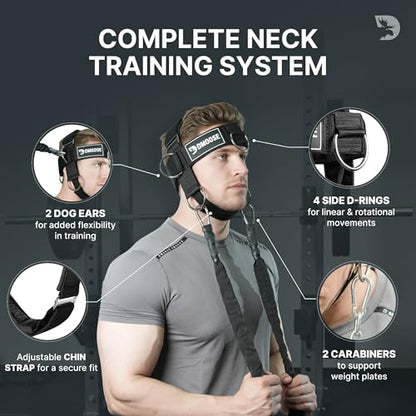 DMoose Fitness Neck Harness for Weight Lifting - Soft Padded Head & Chin Strap with 30" Heavy Duty Steel Chain - Neck Exerciser, Trainer & Strengthener to Support Injury Recovery and Intense Workouts - color: Black Plus