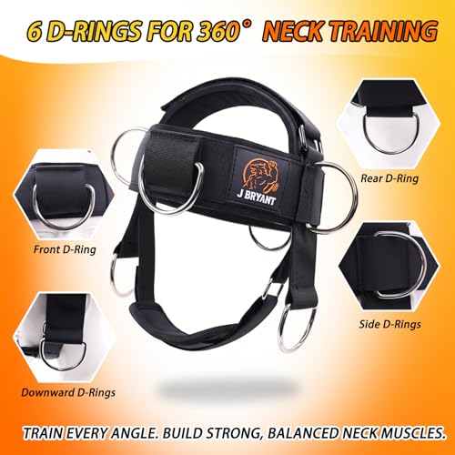 Adjustable Neck Harness for Resistance Bands & Weightlifting, Head Strap with 6 D-Rings for Multi-Directional Neck Training, Padded Chin Support for Athletes & Rehab Exercises