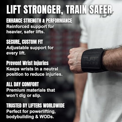 TuffWraps 16" Wrist Wraps: No Thumb Loops, Quality Gym Wrist Wraps for Weightlifting, Bench Press, Powerlifting, and Cross-Training—Try The Belt Loop Tightening System - color: Black/Black