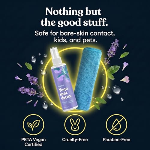 ASUTRA Yoga Mat Cleaner Spray (Peaceful Lavender), 4 fl oz - No Slippery Residue, Organic Essential Oils, Deep-Cleansing for Fitness Gear & Gym Equipment, Microfiber Towel Included