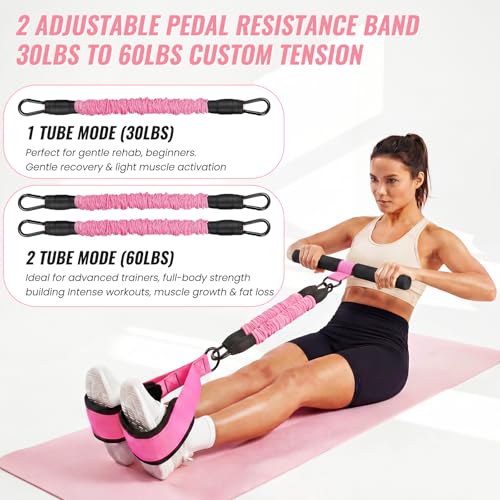 Upgraded Pedal Resistance Band with Handle, 2 Tubes Adjustable 60LBs Multifunction Exercise Bands for Core/ABS, Waist, Arm, Leg Workout & Home Gym, Portable Sit Up Exercise Equipment for Women & Men