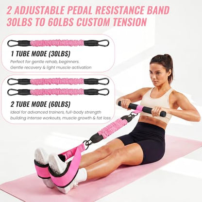 Upgraded Pedal Resistance Band with Handle, 2 Tubes Adjustable 60LBs Multifunction Exercise Bands for Core/ABS, Waist, Arm, Leg Workout & Home Gym, Portable Sit Up Exercise Equipment for Women & Men