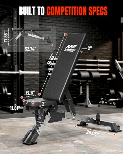 Mikolo Weight Bench - 1300 Weight Capacity and 40 Adjustable Positions for Full Body Workouts, Incline, Decline and Flat Setting for Garage and Home Gym