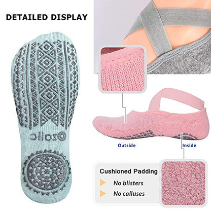 Ozaiic Pilates Socks for Women Non Slip Grip Yoga Barefoot Indoor Workout - color: Grey/Green/Pink