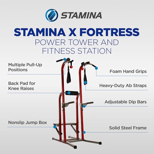 Stamina Power Tower - Dip Bar Pull Up Bar Station with Smart Workout App - Dip Bars for Home Workout - Up to 250 lbs Weight Capacity