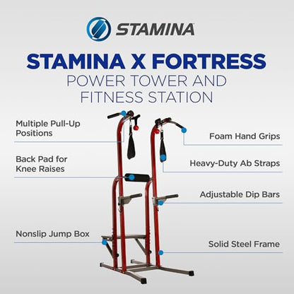 Stamina Power Tower - Dip Bar Pull Up Bar Station with Smart Workout App - Dip Bars for Home Workout - Up to 250 lbs Weight Capacity