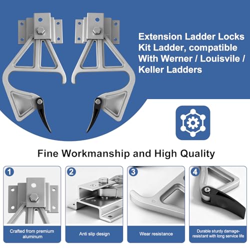 2 Pack Aluminum Extension Ladder Locks, Ladder Rung Lock Kit Compatible with Model 28-11 Werner Aluminum Fiberglass 24 ft, 28 ft, 32 ft, Extension Ladder Parts - color: Sliver