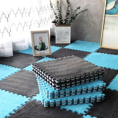 12pcs 0.6in Thick Interlocking Carpet Squares Puzzle Mat EVA Foam Area Tiled Rug for Baby Play Soft Mats (Blue, 11.8in)