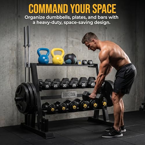 3-Tier Weight Rack, Dumbbell Kettlebell Rack 1100LB Capacity Weight Plate and Curl Bar Storage for Home Gym