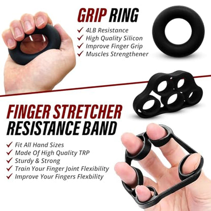 Hand Strength Kit With Finger Exerciser, Stretcher, Forearm Grip Adjustable Gripper, Exercise Ring and Stress Relief Ball for Athletes Muscle Trainer. Black