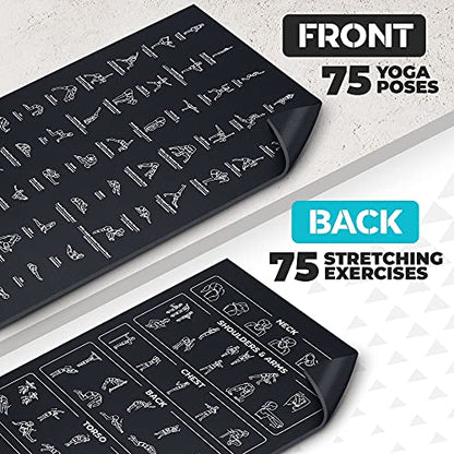 Instructional Yoga Mat with Carrying Strap: Cute Yoga Mat with 75 Illustrated Yoga Poses + 75 Easily-Followed Stretching Exercises - 1/4” Thick, Non-Toxic, Non-Slip Yoga Mats for Women and Men - color: Jet Black (68" x 24")