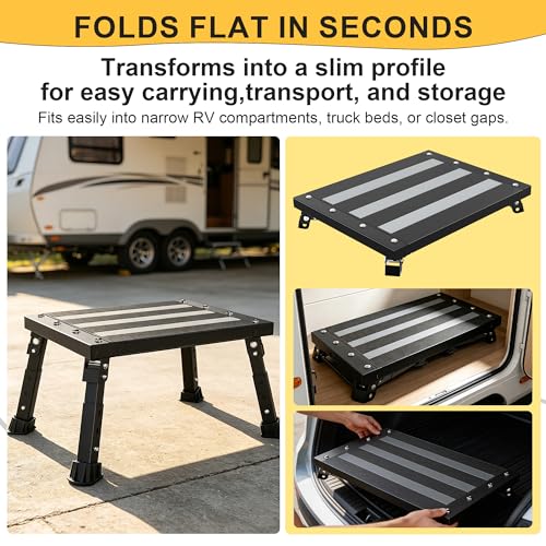 500 lbs Heavy Duty RV Step Stool, Foldable Extra Wide Platform, 3 Adjustable Heights, Rust-Proof Aluminum Legs, Non-Slip Blow-Molded Surface, Portable Step for RV, Trucks, SUVs & Pets (Black)