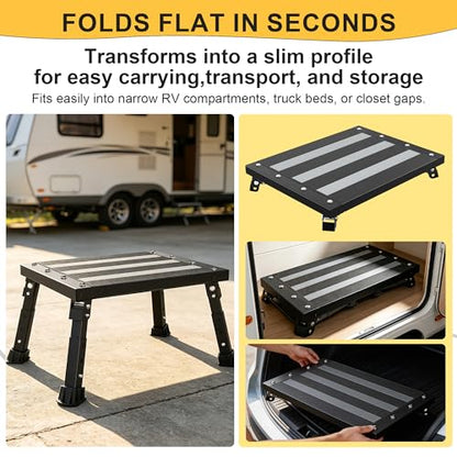 500 lbs Heavy Duty RV Step Stool, Foldable Extra Wide Platform, 3 Adjustable Heights, Rust-Proof Aluminum Legs, Non-Slip Blow-Molded Surface, Portable Step for RV, Trucks, SUVs & Pets (Black)