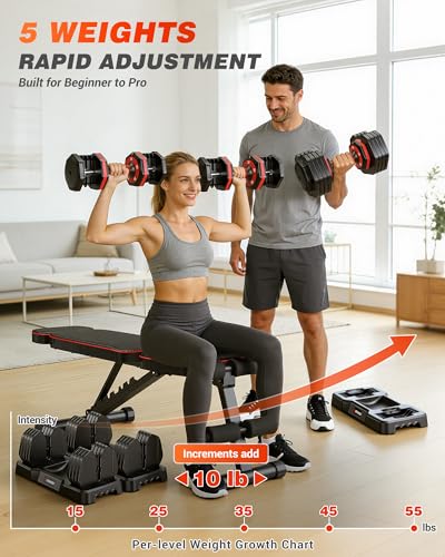 Adjustable Dumbbells Set of 2, 1 Hand Adjustable Weights Dumbbell Set and Workout Bench, 25/55/80lb Pair Weight Set For Home Gym Suit both Men and Women, Compact for Small Space Apartment Room - color: Classic-55lbs-Red Dumbbells+Bench