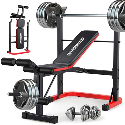 OPPSDECOR Foldable Weight Bench Set with Preacher Curl Pad and Squat Rack, 660LBS Adjustable Bench Press with Leg Extension and Leg Curl, Incline Decline Home Gym Bench for Women Teens Full Body Strength Training - color: Red