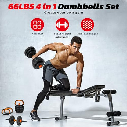 Adjustable Dumbbell Set, 66LBS weights dumbbells set, 4-In-1 Dumbbell Set with Connector for Barbell, Kettlebell, Push-Up Stand, Home Gym Fitness Equipment for Strength Training
