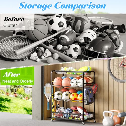 Jsskeeim Garage Sports Equipment Organizer,Sports Ball Organizer with Wheels,Mesh Pocket, Basket,Ball Organizer with Baseball Bat Rack and HooksToy Storage Rolling Cart-Black - style: 02
