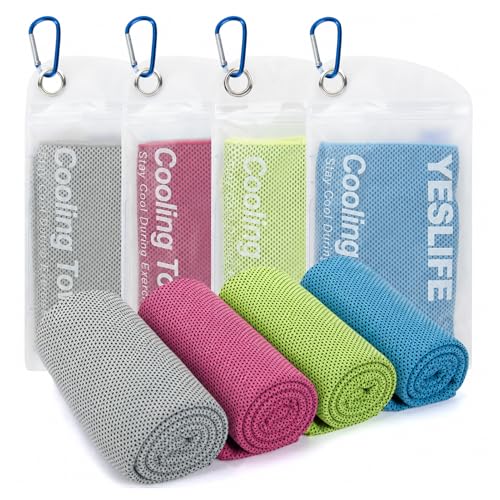 YESLIFE 4 Pack Cooling Towels (40"x12"), Gym Sweat Towels, Cooling Neck Wraps, Soft Breathable Microfiber Towels for Yoga, Running, Sport, Workout, Camping & More (Multicolor) - color: Blue, Grey, Green, Pink