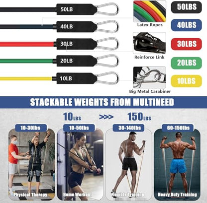 Workout Resistance Bands 150lb Exercise Stretching Men Women Pilates Training Band with Handle 5 Strength Level for Physical Therapy, Yoga, Pilates, Door Anchor, Storage Pouch
