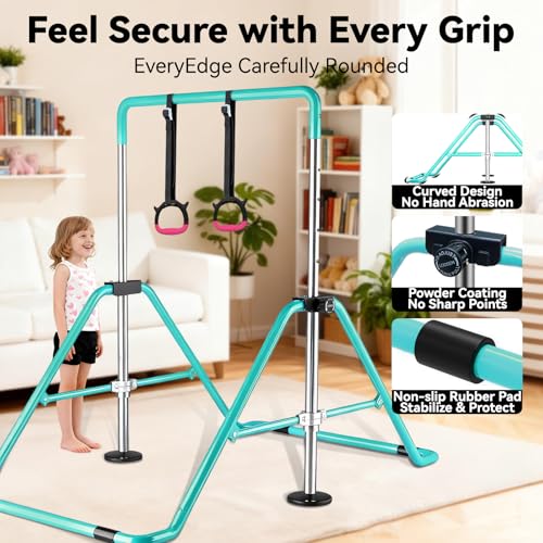 Kids Gymnastics Bar Gymnastic Equipment for Home Adjustable Height Gymnastic Training Bar Gymnastic Stuff for 3-7 Years Old Girls - color: Green with ring