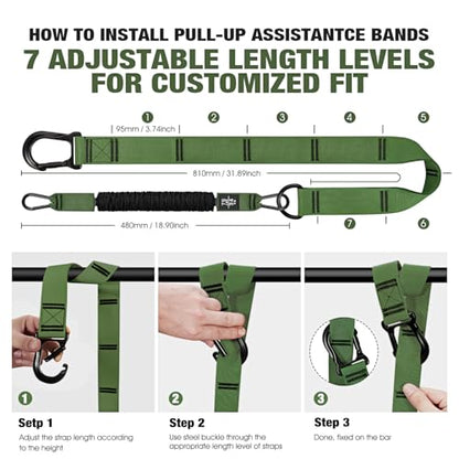 Pull Up Assistance Bands, Pull Up Bar Resistance Bands, Pull Up Bands for Enhanced Strength Training, Muscle Training, 3 Heavy-Duty Adjustable Pull Up Assist Strap & Comfortable Foot Strap - style: Army Green