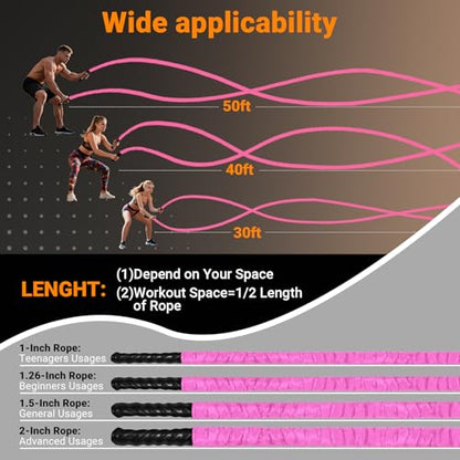 Battle Ropes for Home Gym 1 Inch Diameter 30FT Length Workout Rope Exercise Rope Training Ropes with Protective Sleeve for Kids Men Women Exercise Fitness & Strength Training-Pink - style: 1IN -30FT - Pink