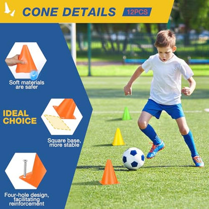 12pcs Cones 7 Inch Soccer Cones and Plastic Traffic Cones, Durable Cones for Sports Training, Ideal for Soccer, Basketball, Football, Skating, and Agility Drills Practice