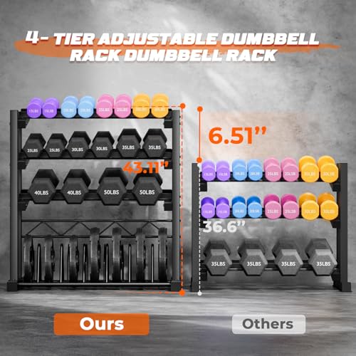 1100LBS Weight Rack for Home Gym, Upgraded 4-Tier Dumbbell Rack, Barbell Holder Bumper Plate Storage Rack with Adjustable Height & Width Design, Heavy Duty Weight Storage Organizer (Rack Only)
