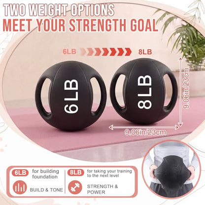 Gemscream 2 Pcs Medicine Ball with Dual Grip - 6 lb & 8 lb Exercise Balls, Durable Non Slip Rubber Grip Medicine Ball for Home Gym, Strength Training, Core Workouts, Fitness Enthusiasts & Gift Giving