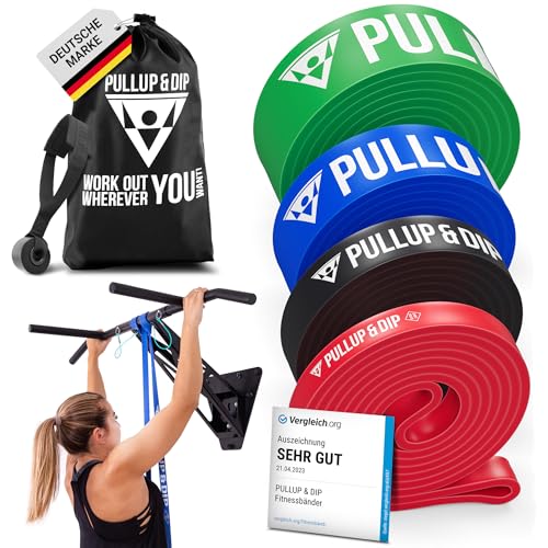 Pullup & DIP Fitness Bands, Resistance Bands with Bag, Door Anchor (with Sets) and Exercise Guide - Single & in Value Set, Pull-Up Band Fitness Band for Calisthenics - color: LIGHT + MEDIUM + STRONG (Black + Blue + Green)