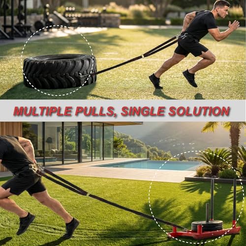 Heavy-Duty Sled Pulling Strap, Tire Dragging Pull Strap for Sled Training, Strength & Conditioning Workouts, Compatible with Harnesses & Belts