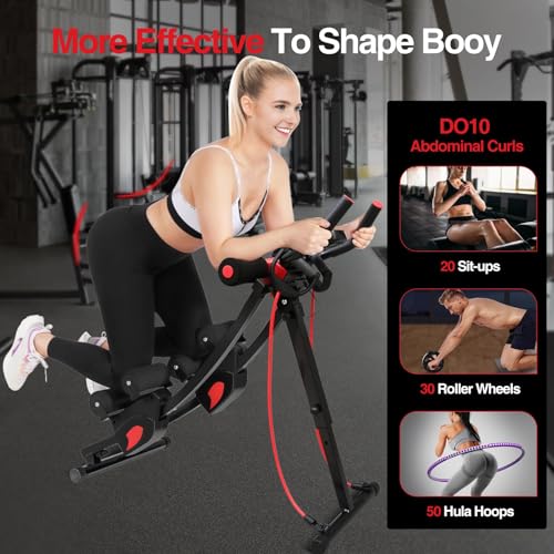 Dual Track Fitness Ab Machine Ab Cruncher, Adjustable Height Waist Trainer, Foldable Home Gym Equipment with 4 Adjustable Resistance Levels and Resistance Bands