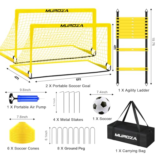 Kids Soccer Goals for Backyard Set, 2 Pack of 4x3 ft 6x4 ft Portable Pop Up Soccer Nets with Soccer Ball, Agility Ladder, Cones, Complete Training Equipment for Youth, Toddler Outdoor Sports Games